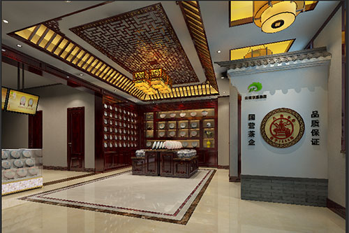 长坡镇古朴典雅的中式茶叶店大堂设计效果图