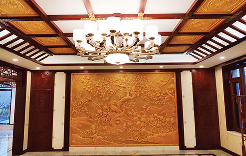 长坡镇中式别墅客厅中式木作横梁吊顶装饰展示