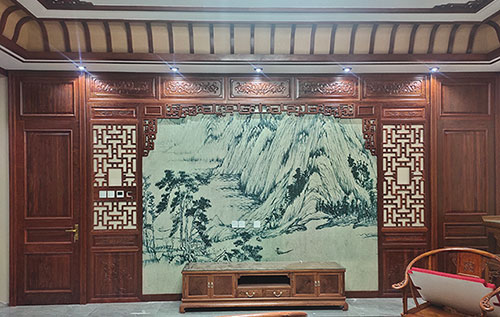 长坡镇中式仿古别墅客厅背景墙花格木作装饰
